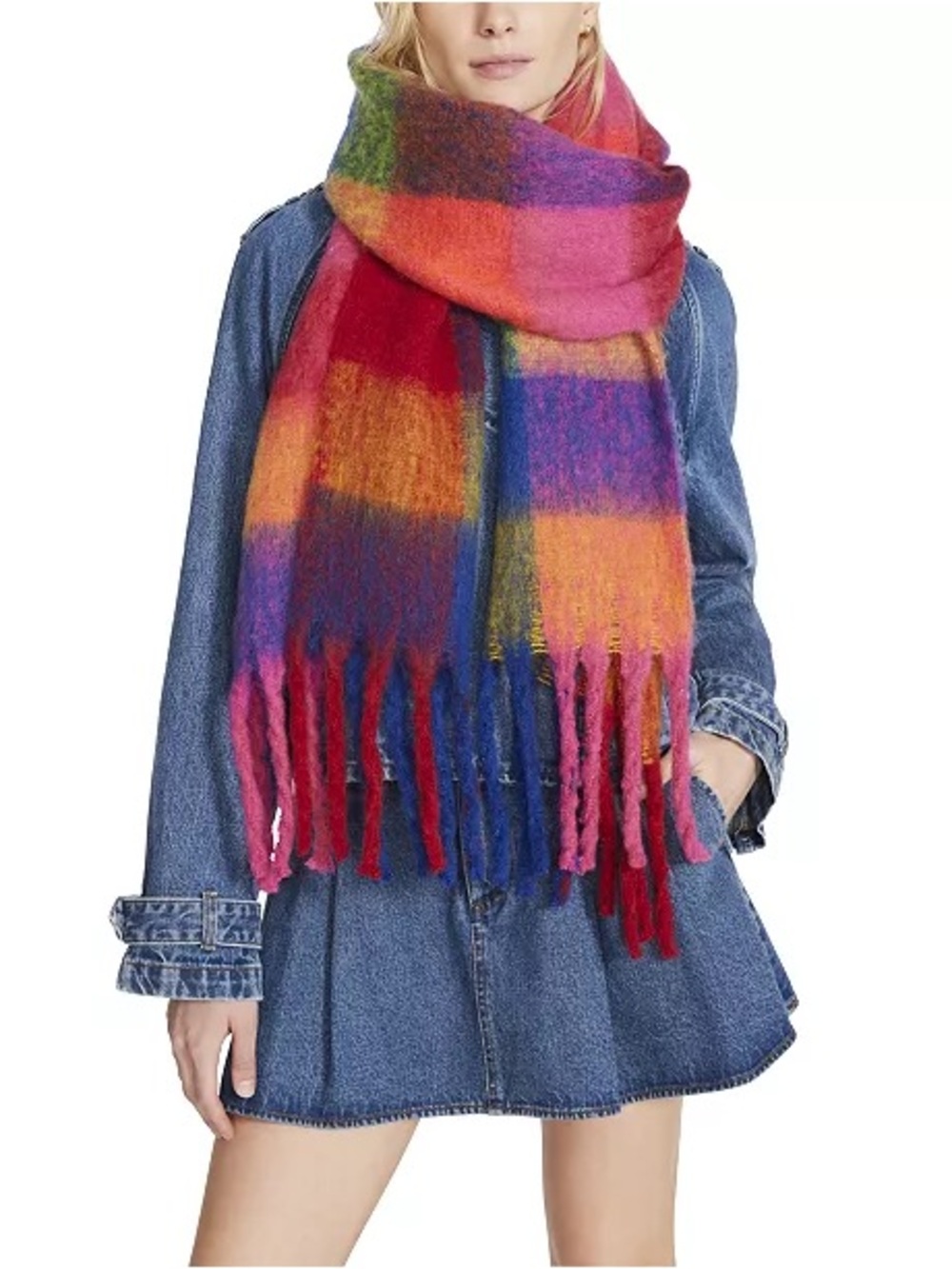 Steve Madden Warm Multi Brushed Plaid Blanket Wrap Colorblock Fringe Scarf, NWT